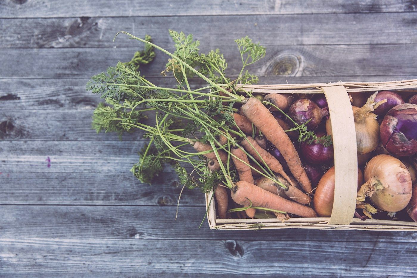Cagette en bois remplie de carottes et d'oignons fraîchement récoltés